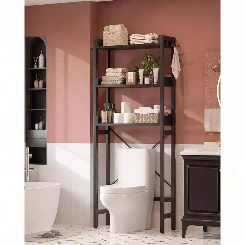 Over - Toilet Storage Rack 3 - Tier Bathroom Organizer Shelf Freestanding Space Saver with 4 Hooks Black