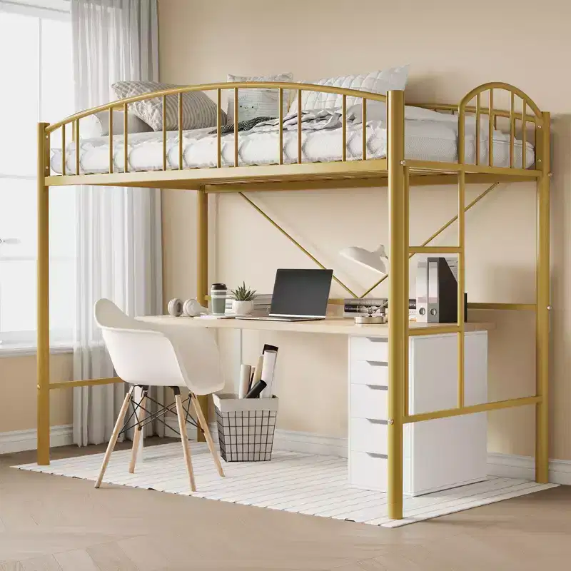 Loft Bed Twin Size with Ladder and High-Arched Guardrail, Sturdy Metal Slats, Space-Saving Design, Easy Assembly, No Box Spring Needed for Kids Gold