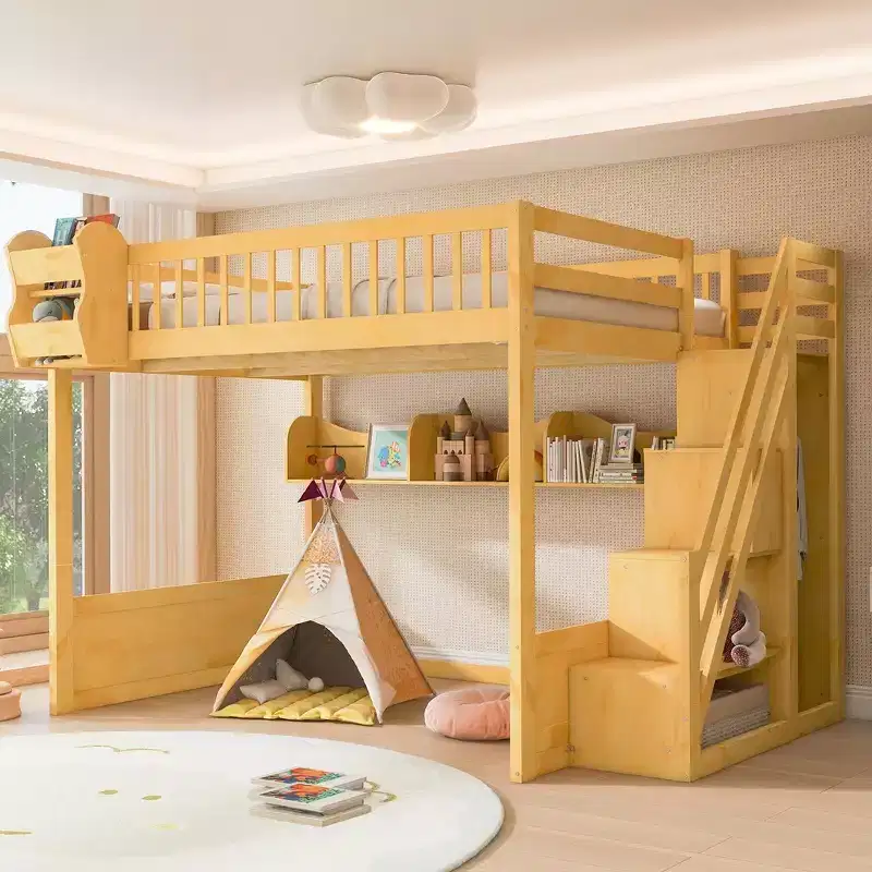 Queen Loft Bed Frame with Staircase, Wardrobe & Storage Shelves - MDF, 650 lb