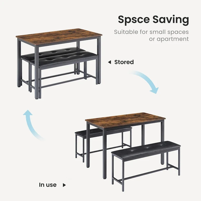 3-Piece Dining Table Set, Rectangular Dining Table with 2 Benches, Rustic Brown and Black