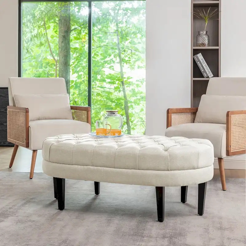 Itan Fabric Oval Cocktail Ottoman with Rubberwood Legs