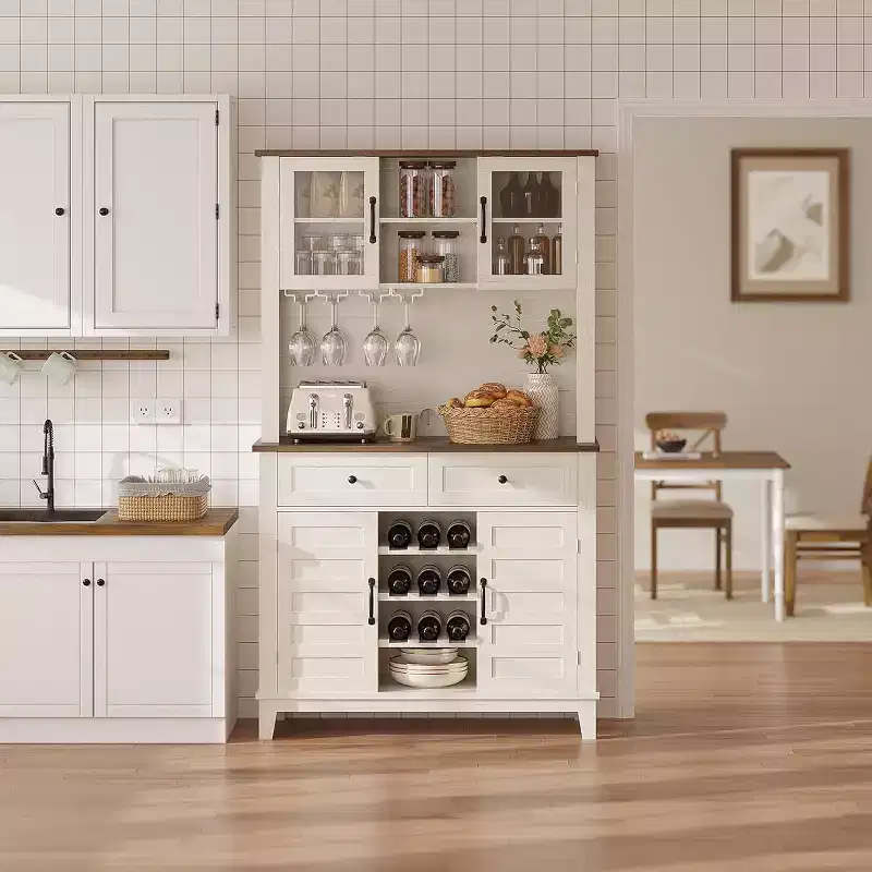 72 Tall Kitchen Pantry Cabinet with Hutch, 4 Doors, 2 Drawers, Wine & Glass Rack, Adjustable Shelves, Large Buffet Storage,White