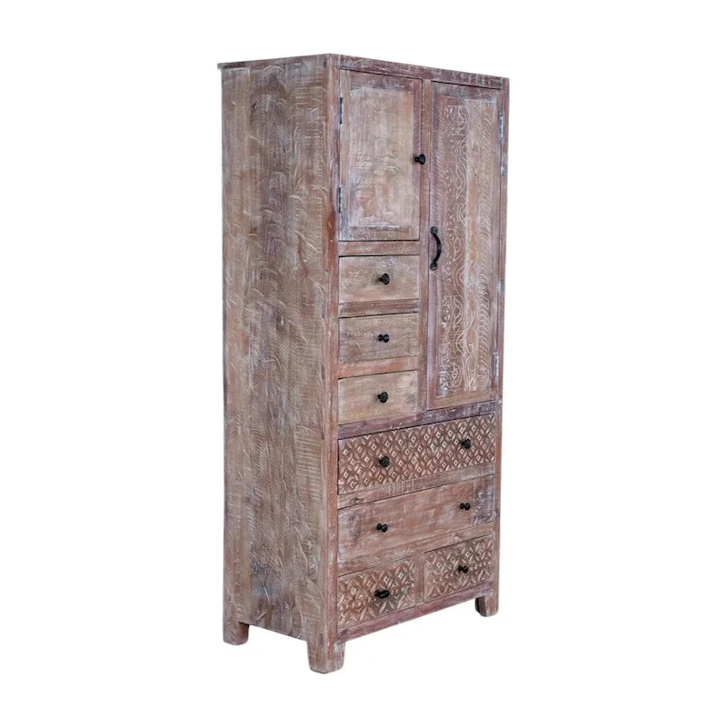 Antique White / Brown Solid Wood Armoire with 7 Drawers & 2 Doors