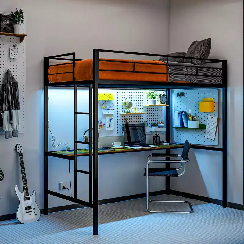 HOMCOM Twin Loft Bed with Desk, LED Lights, Charging Station, Twin Size Metal Loft Bed Frame with Safety Guardrail, Ladder, Noise Free, Black
