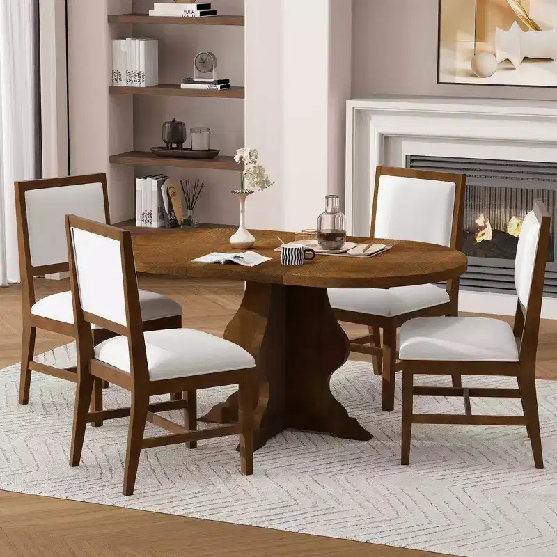 Whisen Farmhouse Wood 5-Piece Dining Table Set with 4 Upholstered Chairs, Extendable Dining Table