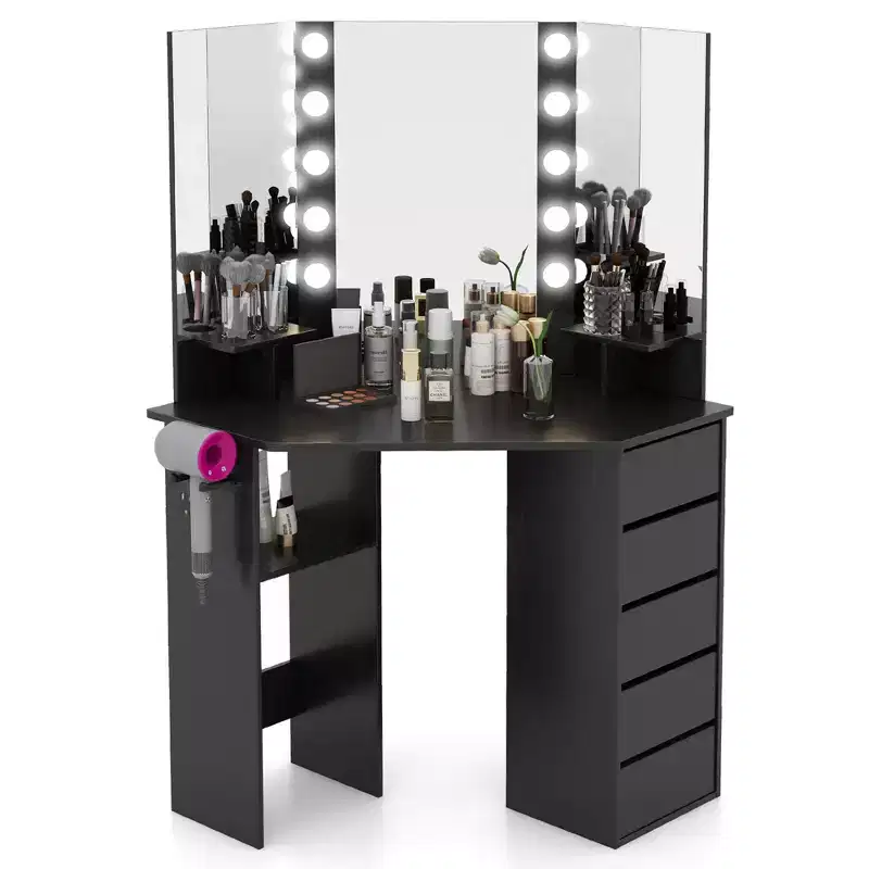 Corner Vanity Desk Cosmetic Vanity Station with LED Mirror,& Power Outlets Black/White