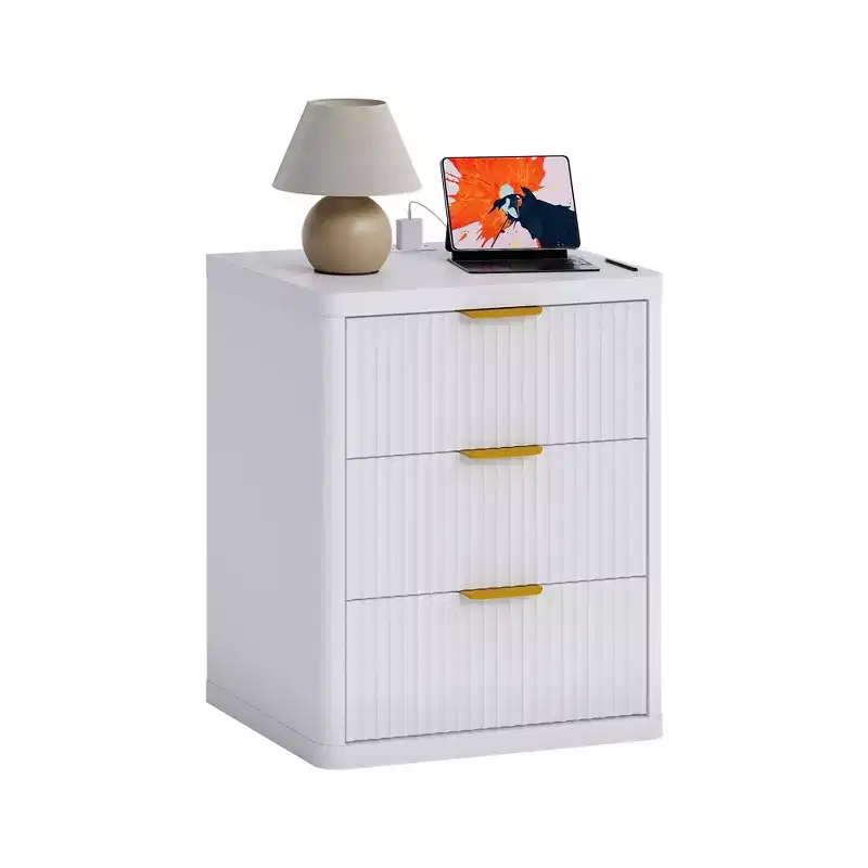 Mid Century Modern End Table, Bedside,3 Drawers Storage Space,Nightstand with Charging Station, Metal Handles and Rounded Corners,Bedroom, Living