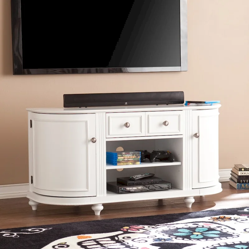 Wells Modern Farmhouse White TV Stand – Media Console with Curved Cabinets for TVs up to 46