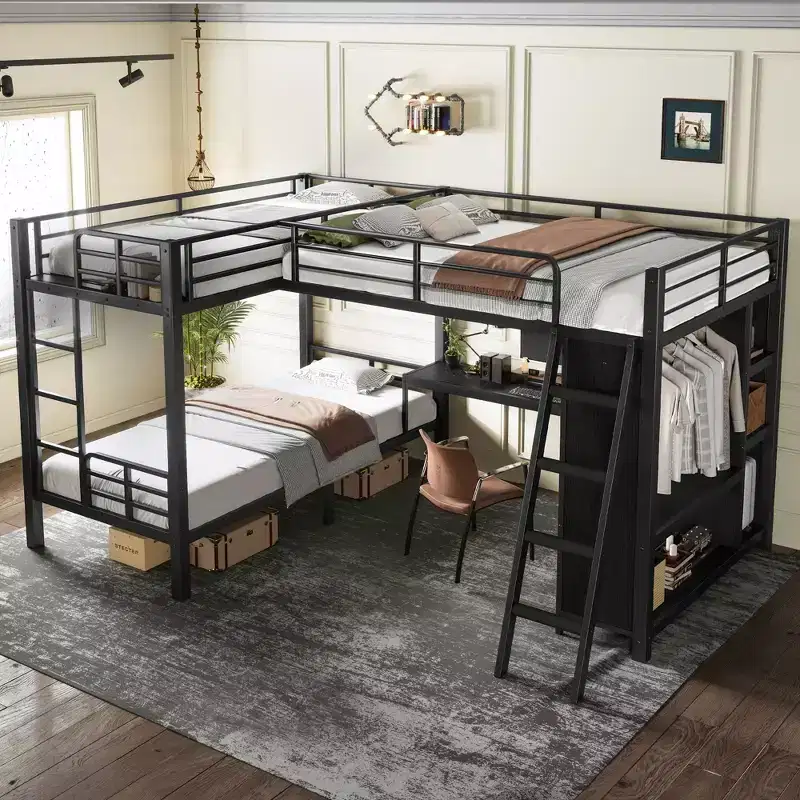 GDFStudio Sposs L-Shaped Triple Metal Bunk Bed with Desk and Wardrobe