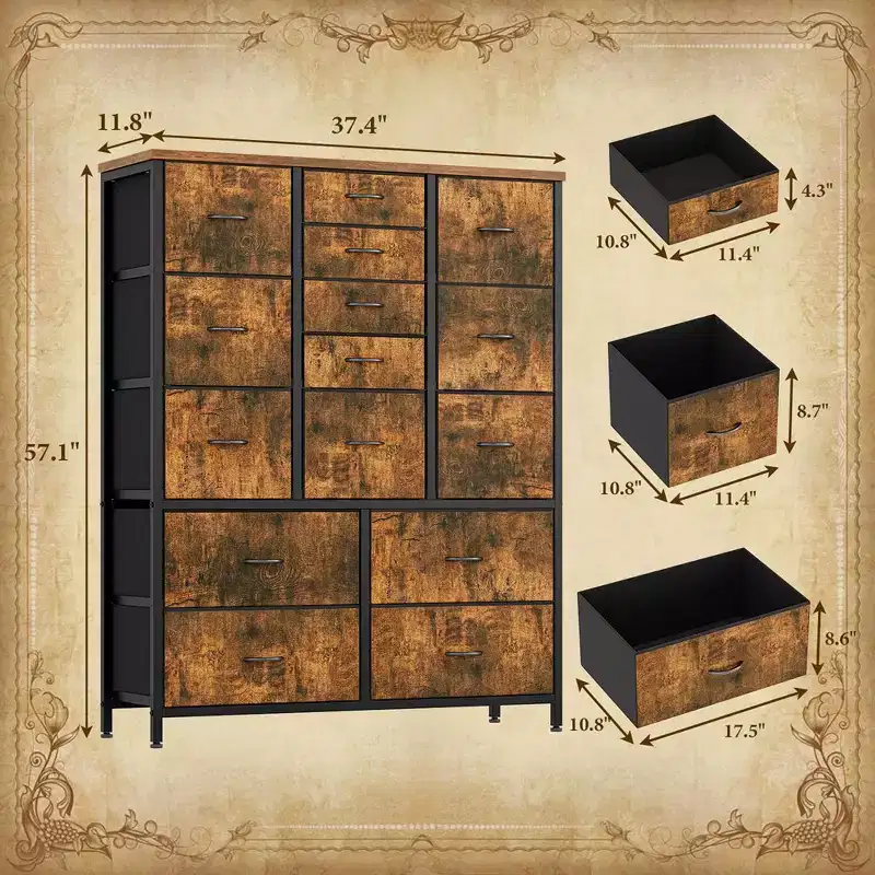 Dresser for Bedroom with 15 Drawers, Tall Dresser & Chests of Drawers, Fabric Storage Dresser