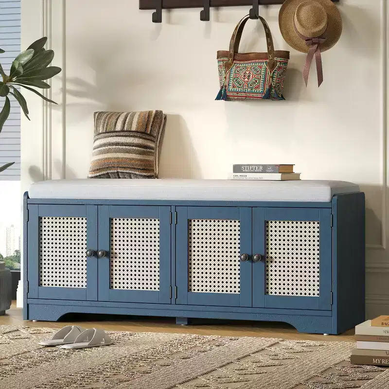Whisen Rustic Wood Storage Bench, Entryway Shoe Bench with Removable Cushion, Adjustable Shelves