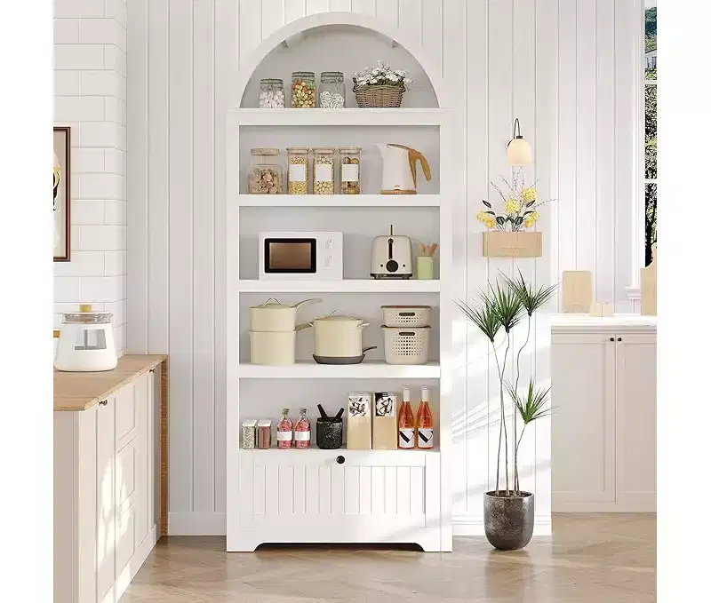71 in Tall Arched Pantry, 6-Tier Freestanding Storage Cabinet with Drawer, Modern White Book Shelf with Open Shelves for Living Room