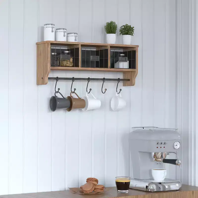 Wall Mount 24 Inch Solid Pine Wood Storage Rack with Upper Shelf, 5 Hooks, and Wire Baskets