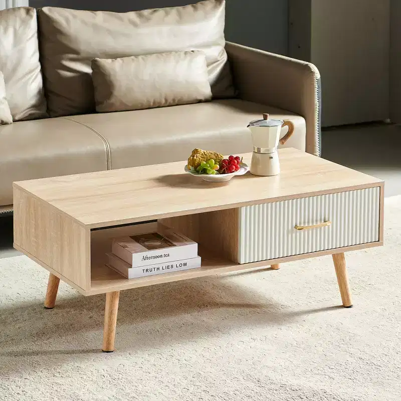 Rectangle Coffee Table with Solid Wood Legs Sliding Drawer for Storage Natural Wood Color