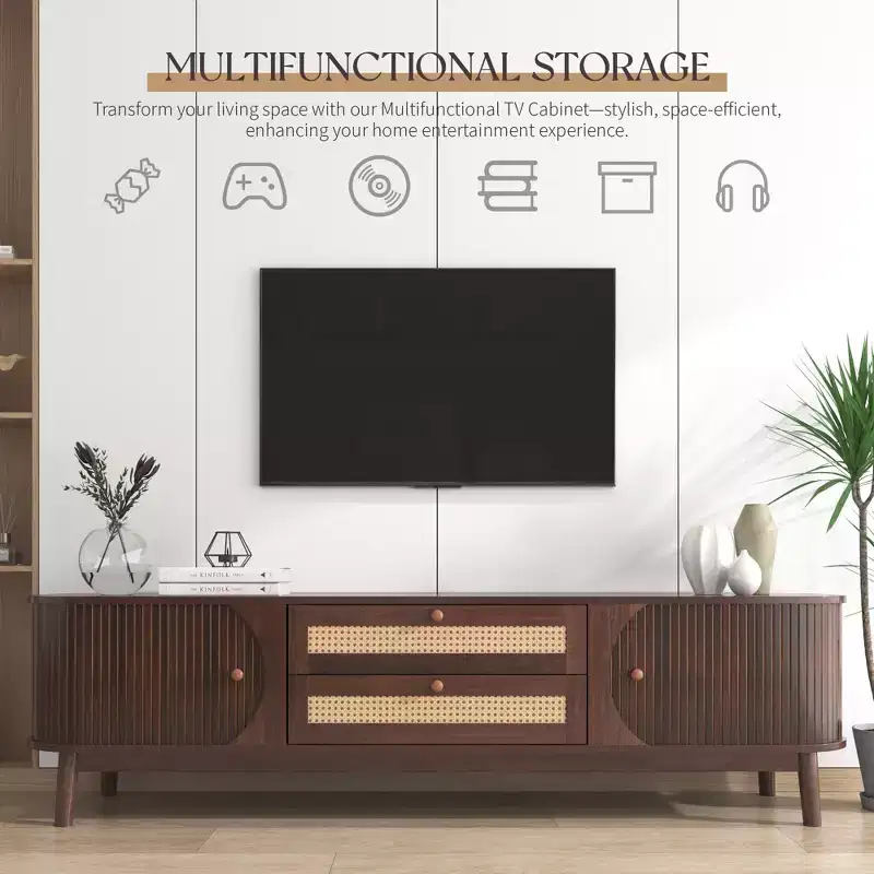 66.93 Inch Brown Rattan TV Stand Media Console for TVs up to 75 Inches with Solid Wood Legs for Living Room
