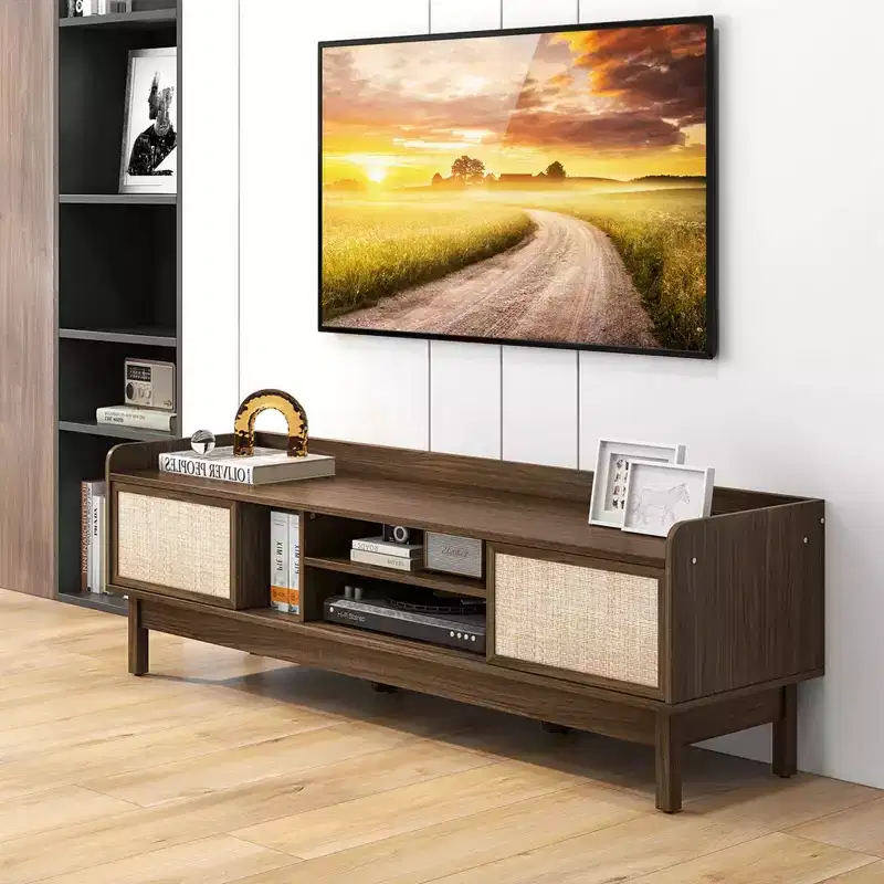 Costway Wooden TV Stand for TVs up to 65 with Storage Adjustable Shelf & Sliding Doors Walnut