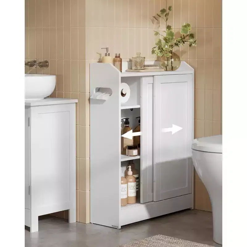 Slim Bathroom Storage Cabinet with Sliding Doors, Toilet Paper Holder & Adjustable Shelves
