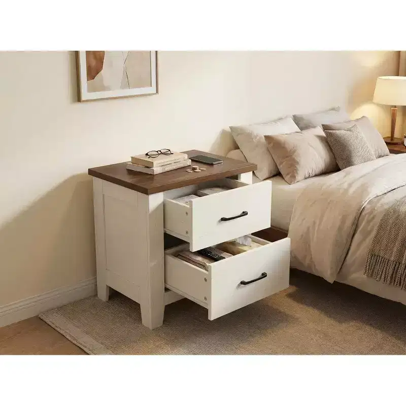 Minimalist Modern Bedside Table  White Bedside Table with Drawers and Brown Top, Ample Bedroom Storage, Sleek Home Decor, Contemporary Design