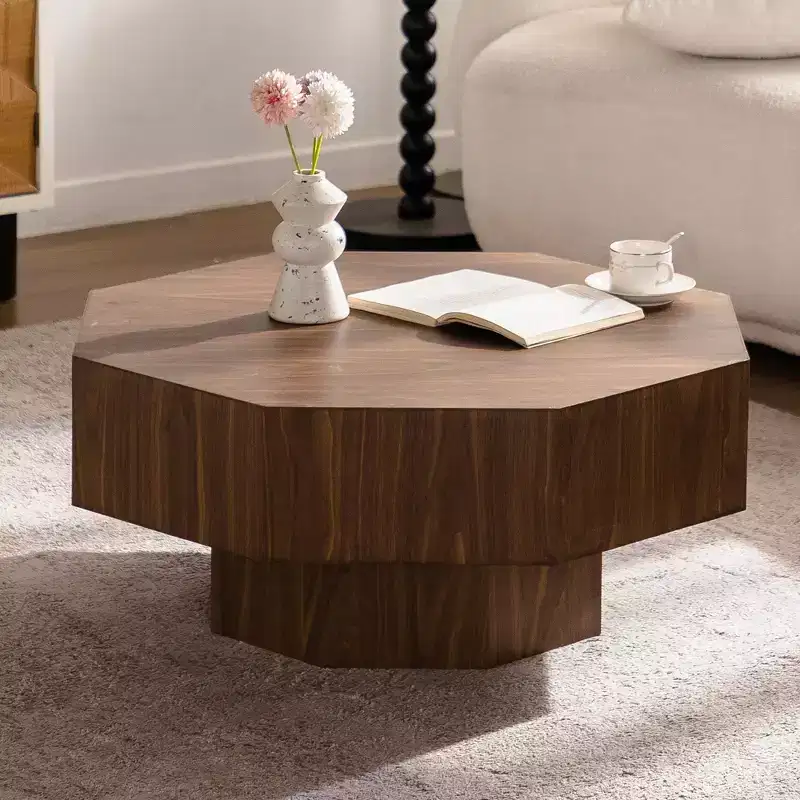 30.51 inch Octagonal-Shaped Walnut Coffee Table with Vintage Design for Living Room