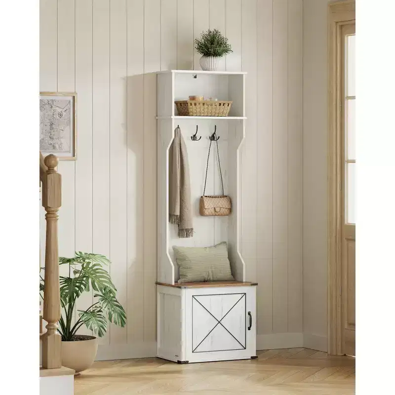 Hall Tree with Bench and Shoe Storage, Coat Rack with Shoe Bench, Entryway Furniture, 3 Tri-Hooks, Door with Handle, Rustic White