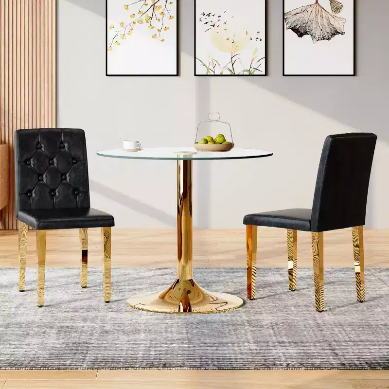 Set of 2 Modern PU Upholstered Dining Chairs with Golden Metal Legs, Luxurious Armless Chairs for Kitchen or Dining Room