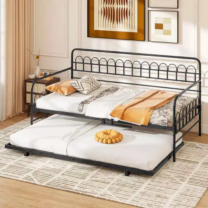 Costway Twin Daybed with Trundle Curved Backrest & Armrests Heavy-duty Metal Slats Black/Gold