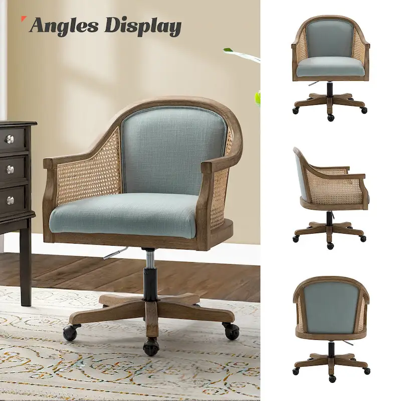 Danilo Farmhouse 360 Degree Swivel Height Adjustable Rattan Desk Chair with RubberWood by HULALA HOME