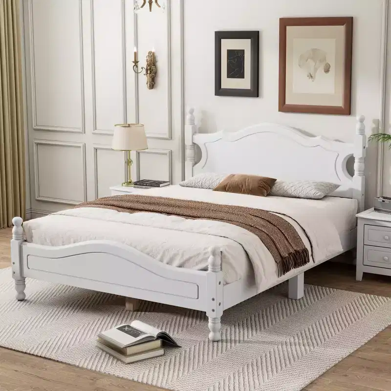 Full Size Wood Platform Bed with Retro Headboard and Slat Support