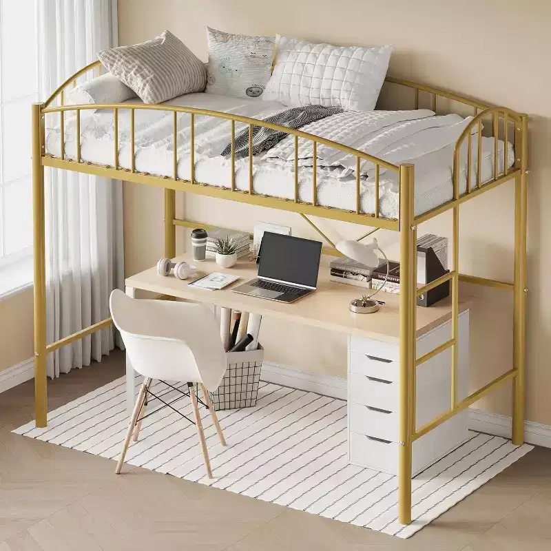 Acekool Twin Loft Bed with Stairs, Arched Guardrail, Metal Frame, Space-Saving, Noise-Free, Gold