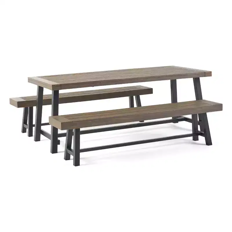 GDFStudio Chilian Outdoor Acacia Wood 3 Piece Picnic Set, Gray/Rustic Metal