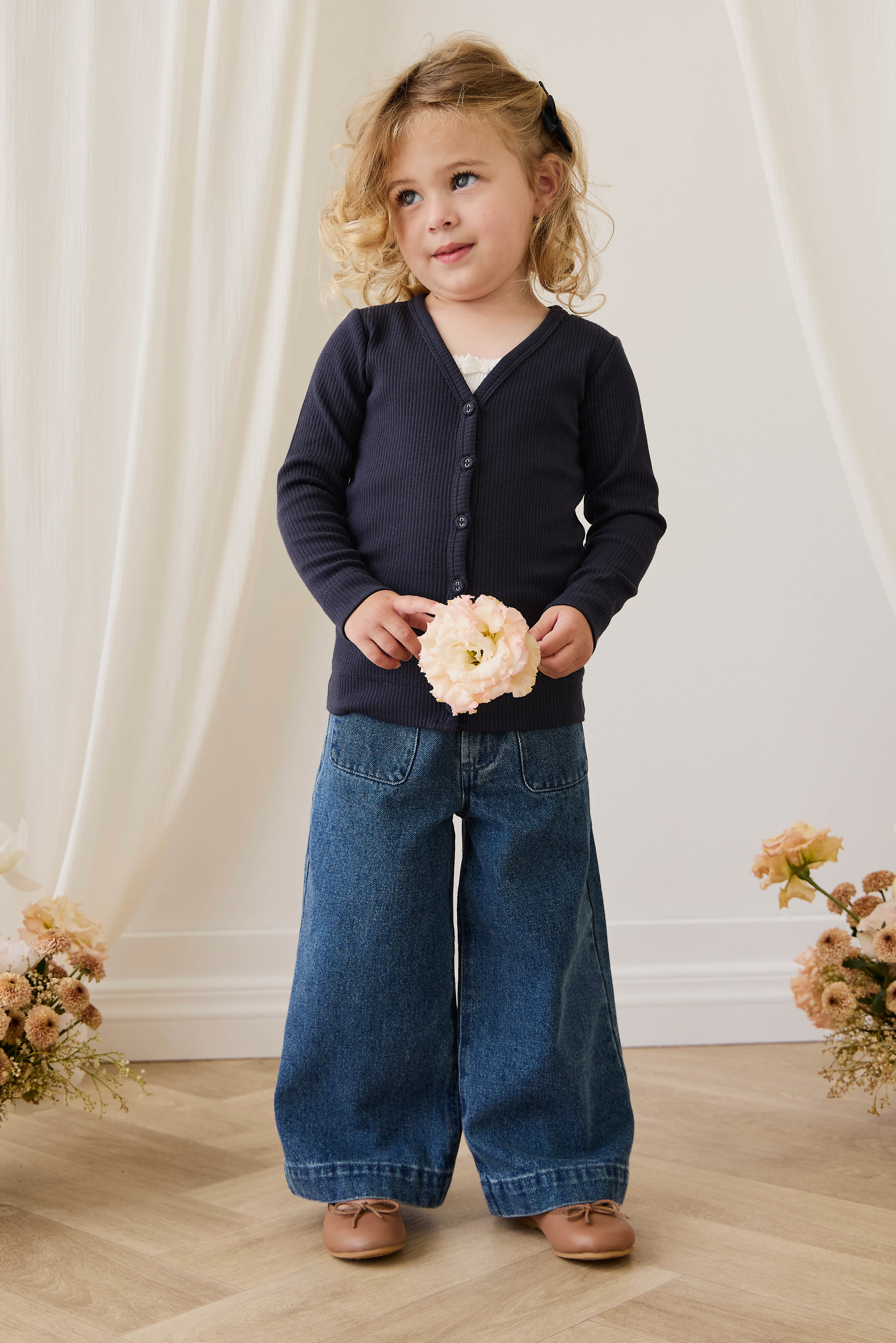 Classic Navy Ribbed Organic Cotton-Modal Cardigan with Button Front for Layering Girls 0M–10Y