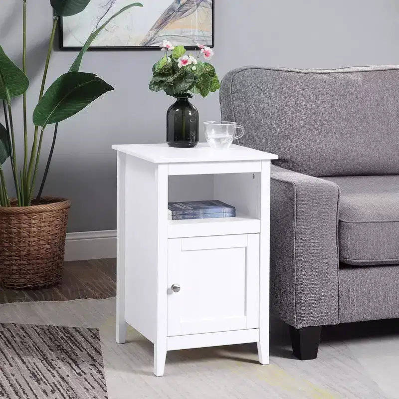 Storage Cabinet End Table with Shelf and Shaker Door, Compact Accent Side Table with Hidden Cabinet and Open Storage Space