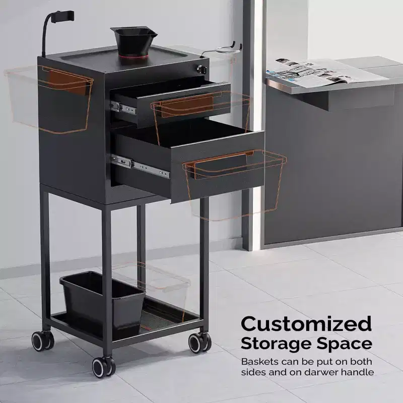 Black Metal Rolling Salon Trolley Cart with 2 Lockable Drawers, Single User