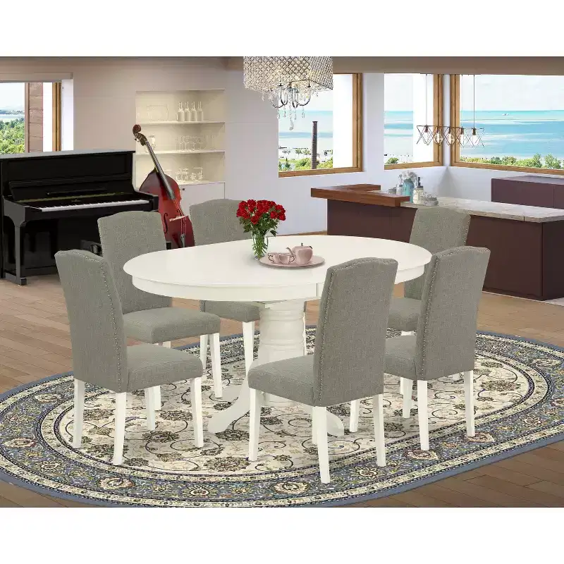 HomeStock Oval Dining Table Set Linen White Dark Shitake
