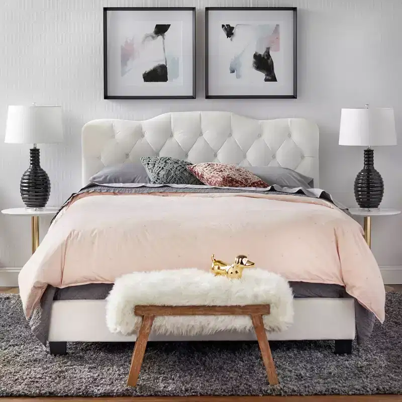 Buylateral Queen Tessa Upholstered Velvet Bed White: Camel-Back Headboard, No Box Spring Required