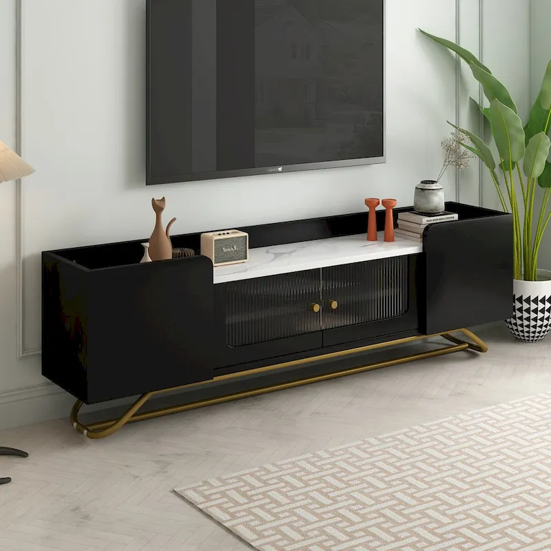 White/Black/Grey TV Stand with Fluted Glass Doors & Gold Frame, Fits TVs up to 70