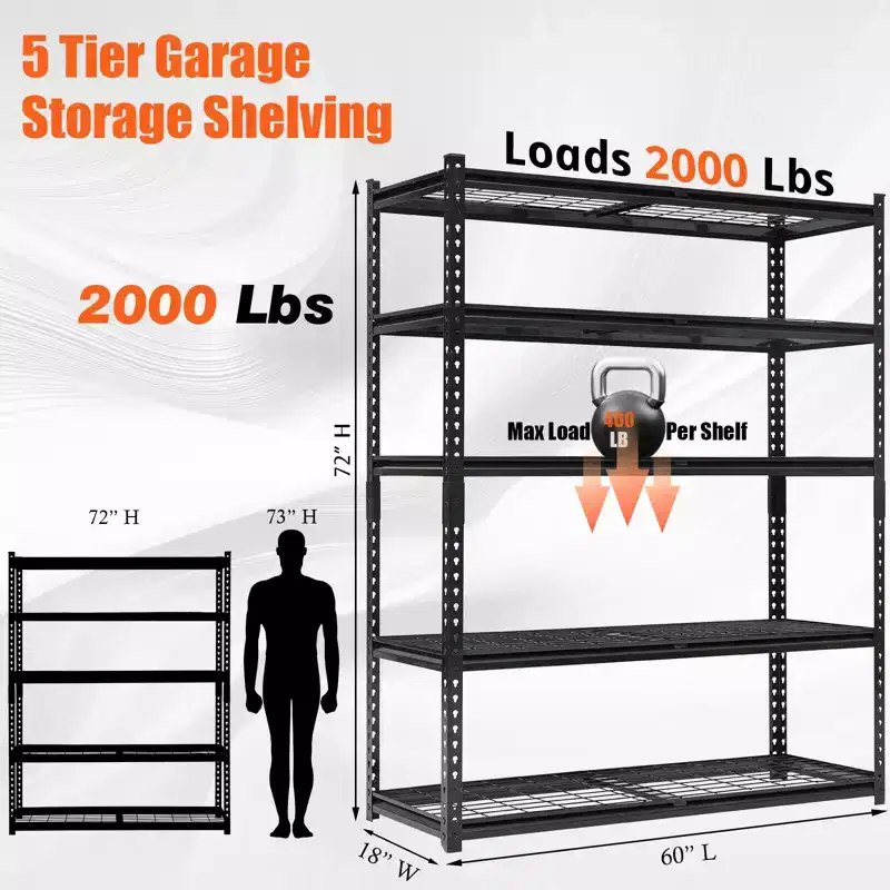 5-Tier Adjustable Shelves, Load 2000 Lbs Heavy Duty Wire Garage Shelf, Metal Storage Racks and Shelving, 72 H Garage Shelves for Basement