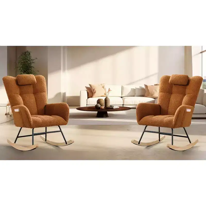 2PCS Modern Upholstered Stuffed Animal Fabric Rocking Chair, High Backrest Padded Seat, Side Pocket for Nursery Living Room Office