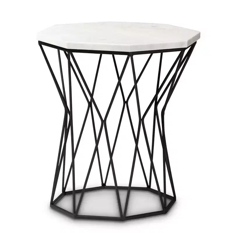 Venedict Metal End Table with Marble Tabletop Black - Baxton Studio: Rectangle Side Table for Living Room, No Assembly Required
