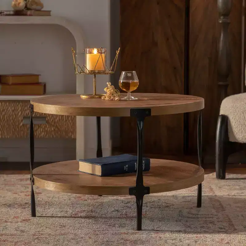 GDFStudio Bernie Modern Industrial Two-Tier Handcrafted Wood Round 30.71 Coffee Table with Metal Legs