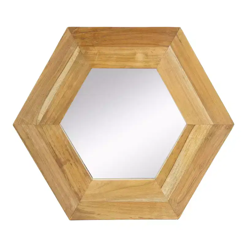 18.5 x 18.5 Hexagon Wall Mirror with Natural Teak Wood Frame, Wall Decor for Living Room, Bathroom, Hallway