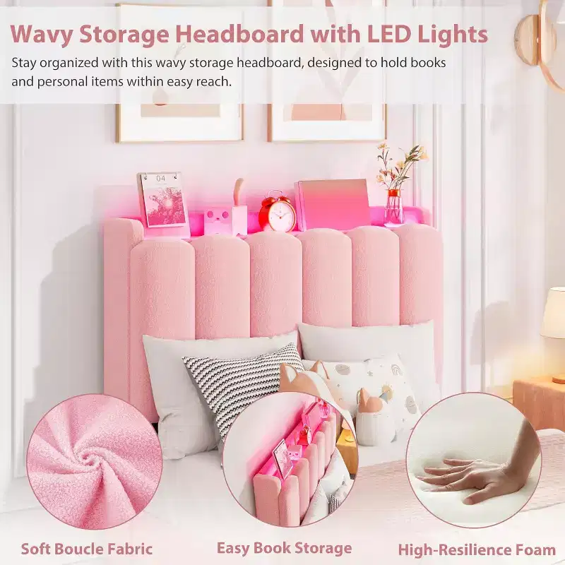 Full Size Bed Frame with Chic Wavy Headboard, Kids Bed Frame with 2 Drawers, Boucle Upholstered Platform Bed for Girls
