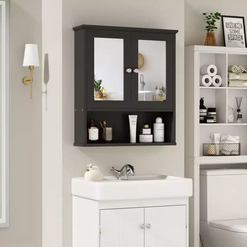 Celebalcony Bathroom Medicine Cabinet with Mirror, Wall Mounted,Open Compartment Wooden Hanging Organizer with Doors and Adjustable Shelves