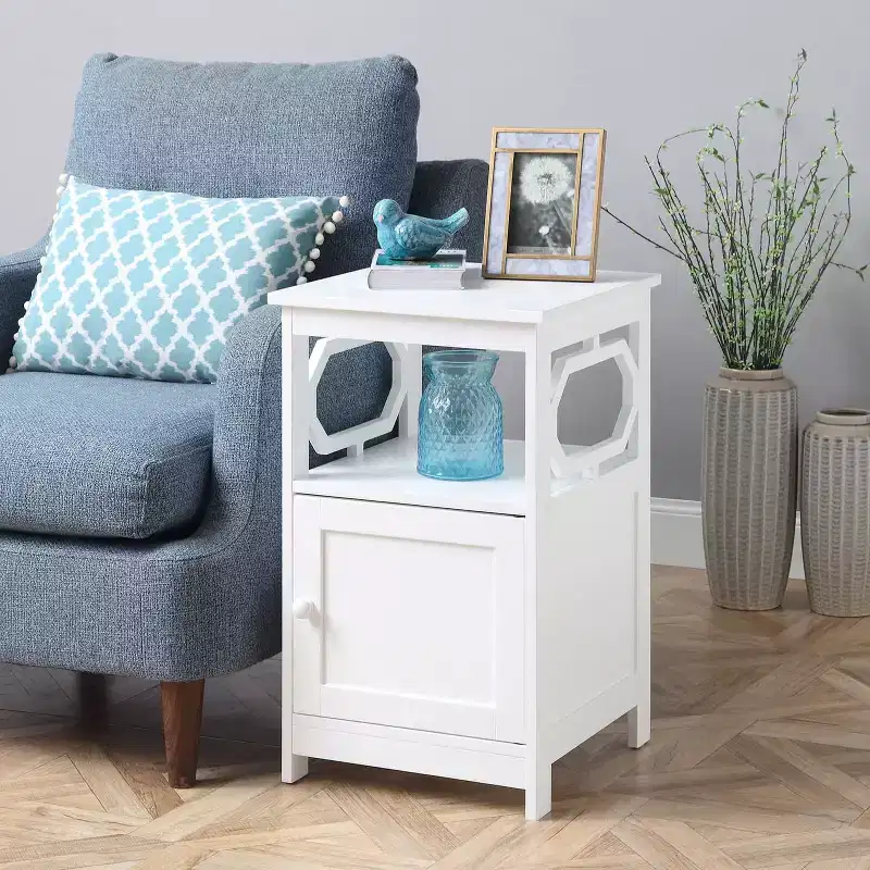 HomeStock Belmont End Table with Cabinet and Open Shelf Storage, Stylish Octagon Design, Compact MDF Side Table for Living Room or Bedroom