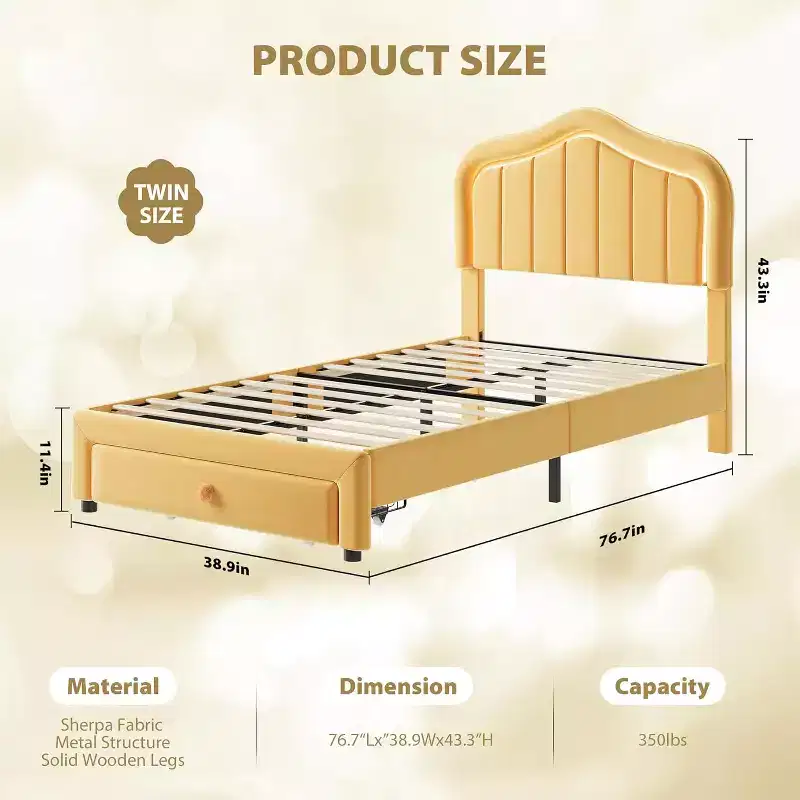 Twin Upholstered Bed Frame with Storage Drawer and Smart Led Headboard, Wooden Slats Support, No Box Spring Needed, Easy Assembly