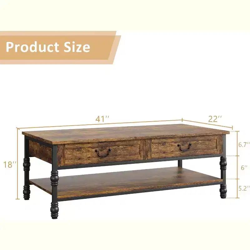41 Wood Coffee Table with 2 Storage Drawers, Rustic Rectangular Living Room Tables w/Storage Shelf, Wooden Center Table for Living Room Office