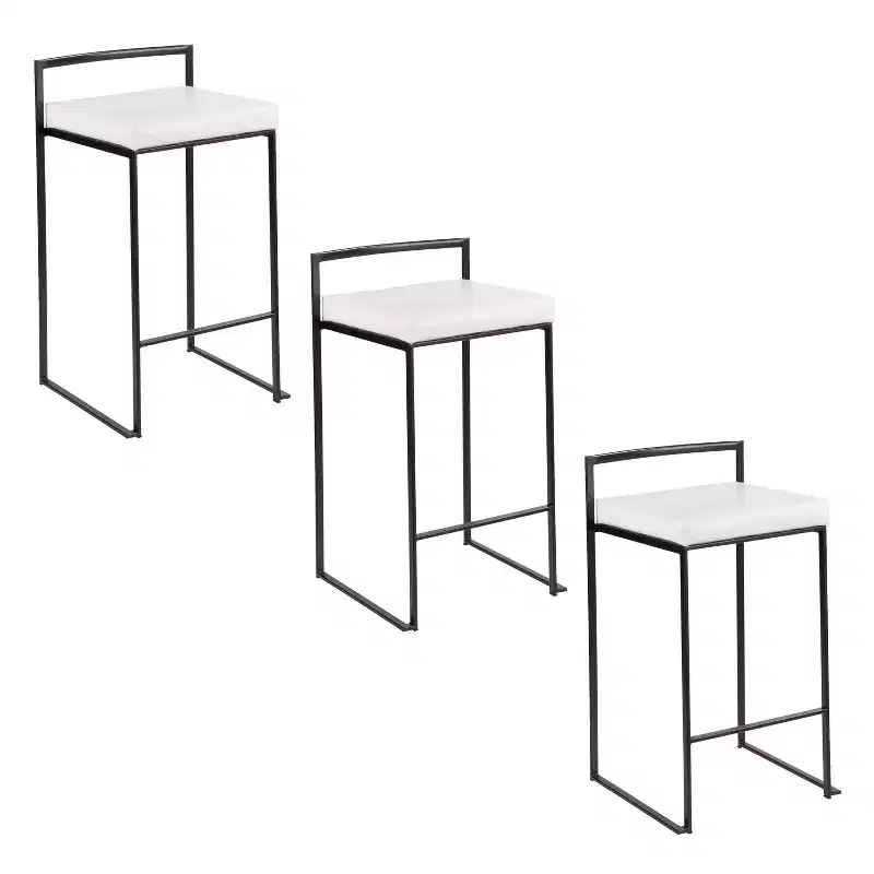 LumiSource Set of 3 Fuji Stacker Counter Height Barstools Black Metal/White PU