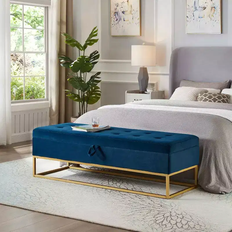 58.6 Storage Bed Bench, Uphollstered Bench with Metal Base for Bedroom Living Room Hallway Blue