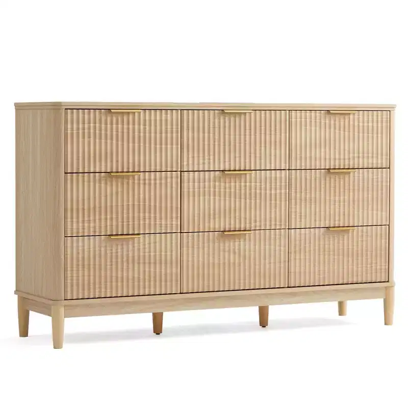 Fluted 9 Drawer Dresser for Bedroom, Mid Century Modern Large Chest of Drawers with Gold Metal Handles, Wide Boho Wood Dressers