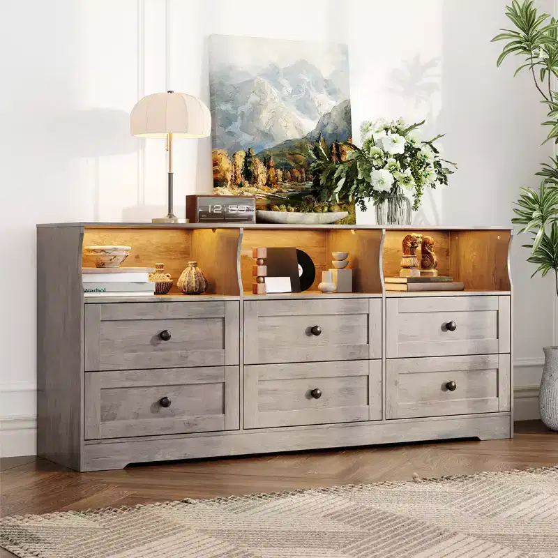 Wood 6-Drawer Dresser TV Stand with Power Outlet & Open Shelves 63''W